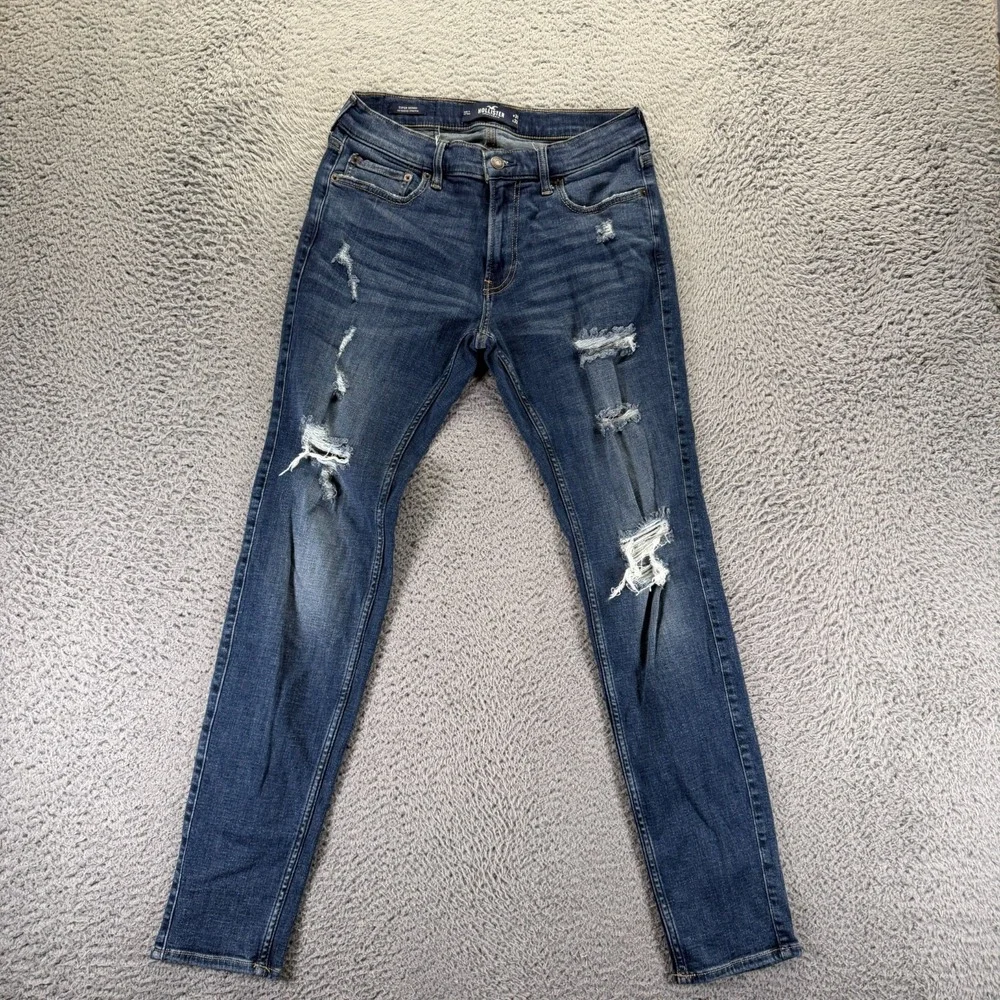 Hollister Jeans Men 31x32 Blue Cotton Denim‎ Skinny Workwear Distressed Stretch